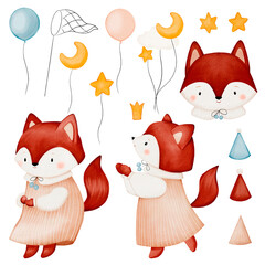 Watercolor birthday set with fox and air balloons, stars
