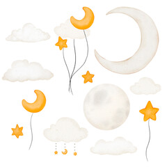 Watercolor set of moon, stars and clouds