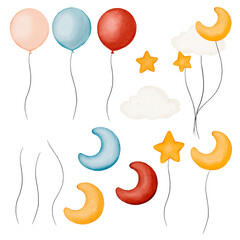 Watercolor clip art of balloons and stars