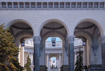 Fototapeta premium View of colonnade and inner yard of Sochi railway station. Sochi. Krasnodar Krai. Russia