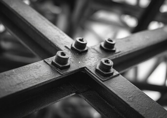 Close-up view of bolted metal beams forming a cross-shaped joint