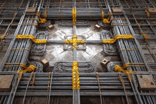 Close-up shot of steel rebar reinforcing structure tied with yellow twine, ready for concrete