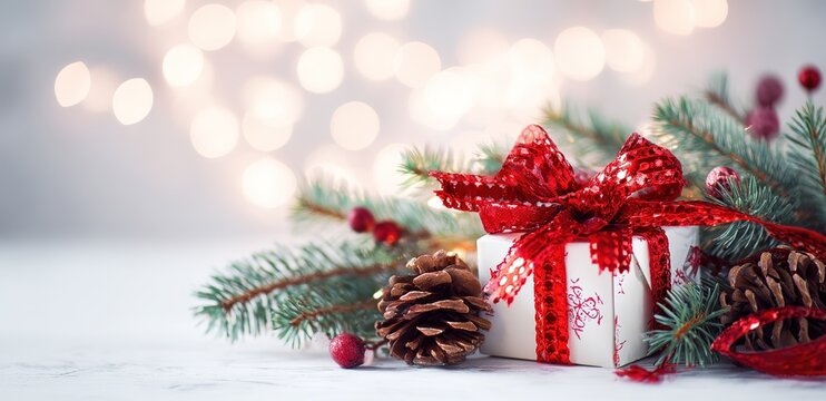 Light Gray Bokeh Background Snowflake Pattern Gift Box Red Sequin Ribbon Exquisite Christmas Gift Design Material
