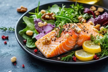 A beautifully plated dish of salmon, served on a bed of mixed greens, accompanied by a side of lemon wedges and sprinkled with sesame seeds.