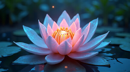 Close-up of a vibrant pink lotus flower blooming in a serene pond, with soft lighting highlighting its delicate petals.