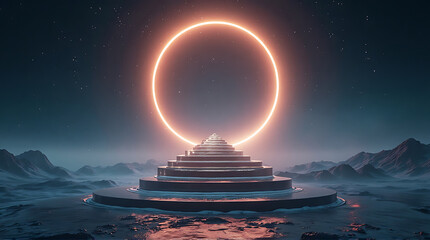 A glowing orange circle hovers above a tiered platform in a misty, surreal landscape with distant mountains and a starry sky.
