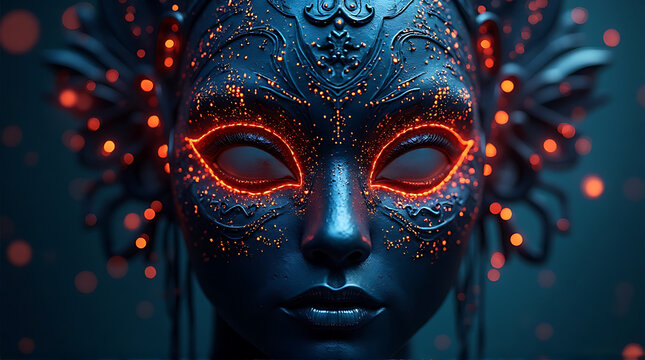 Ornate dark blue mask with intricate details and glowing red accents around the eyes and headdress, creating a mysterious and ethereal effect.
