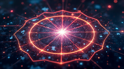 Abstract digital illustration of a glowing orange geometric shape with radial lines emanating from a central bright light, surrounded by blue and red particles.