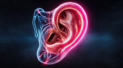 Neon ear anatomy glowing with cochlea and inner ear parts, stylized auditory system illustration in neon for biology or medical visuals