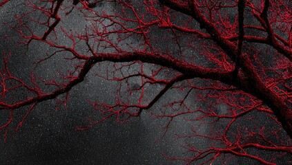 A close-up of tree branches with red color against a dark gray sky backdrop