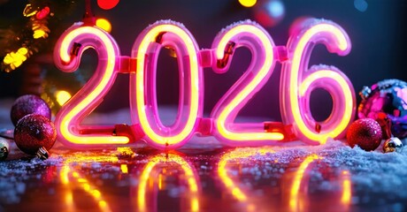 Bright neon numbers display year 2026. Festive decorations, snow, reflections create celebratory mood. Vivid colors dominate scene.
