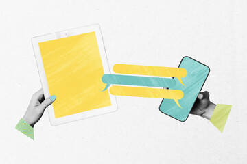 Naklejka premium Trend artwork collage template composite sketch of two hand hold smartphone tablet messenger app speech feedback thought communication