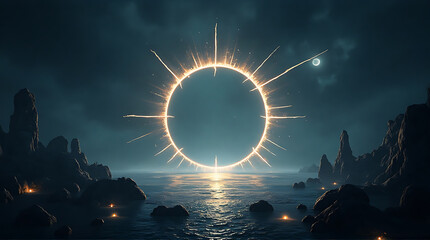 A glowing ring of light hangs above the ocean during a solar eclipse, with rocky shores and a moon visible in the dark sky.