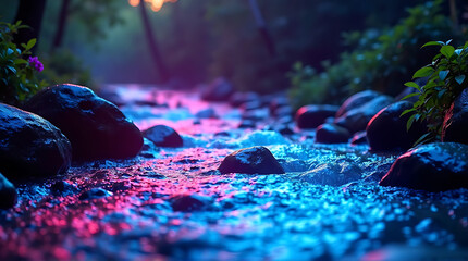 A shallow stream flows over rocks, reflecting pink and blue light, surrounded by lush green foliage and trees at sunset.