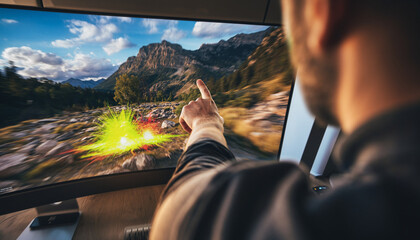Man pointing at a large curved monitor displaying a vibrant landscape with special effects, indicating engagement with the screen.