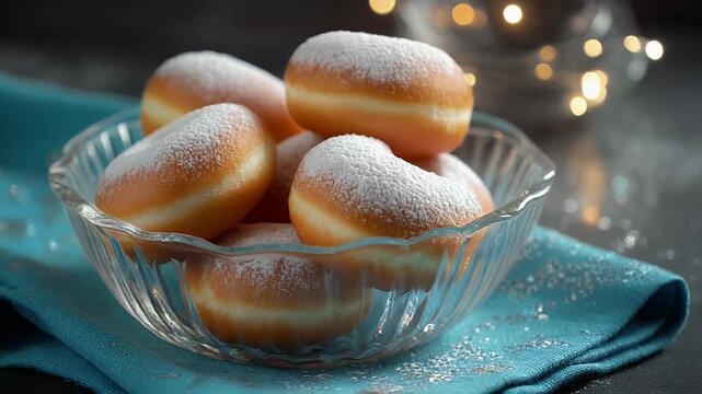 A transparent glass bowl of sweet, fluffy berliner doughnuts generously dusted with powdered sugar, ready for a festive celebration with warm bokeh lights