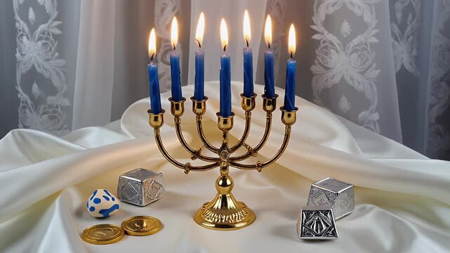Hanukkah Celebration Lit Menorah with Dreidels and Coins on White Silk