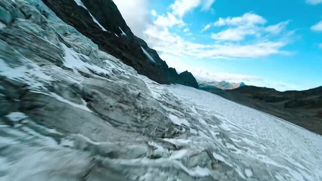 FPV drone flight through the jagged seracs of a glacir.
