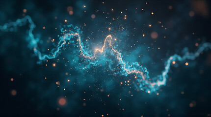 An abstract digital rendering of a wavy, glowing teal and gold energy stream against a dark, speckled background.