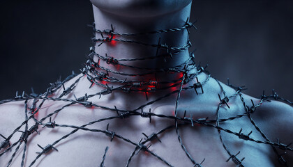 A person's neck and chest wrapped in barbed wire with glowing red lights.
