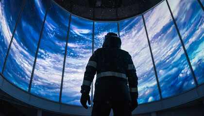 A person in a dark suit stands before a massive curved screen displaying a swirling blue and white vortex, possibly a storm or galaxy.