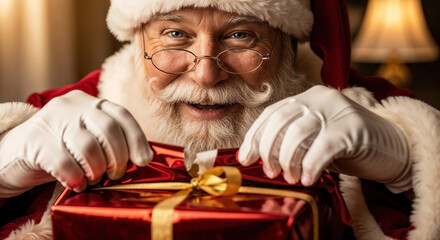 Santa Claus Unwrapping a Gift with Joy in a Festive Setting for Christmas Cards, Holiday Blogs, Family Celebrations, and Seasonal Marketing