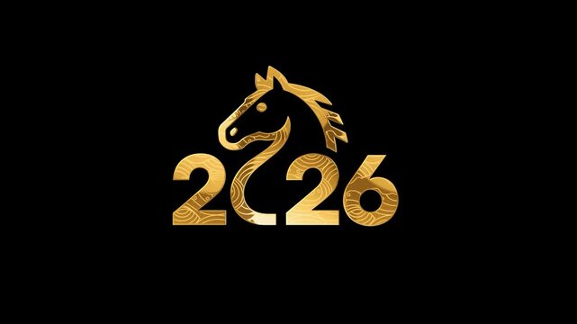 
Design for the 2026 Lunar New Year featuring a horse head combined with numerical elements, with golden flowing light loop and an alpha channel.
