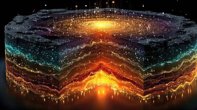 Neon Earth layers glowing with crust, mantle, core structure, stylized geology illustration in bright neon lines for educational and science design