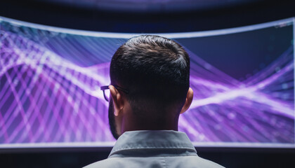 A person from behind wearing glasses looking at a large curved screen with abstract purple light patterns.