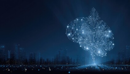Digitally rendered brain-like structure with connections over a cityscape at night