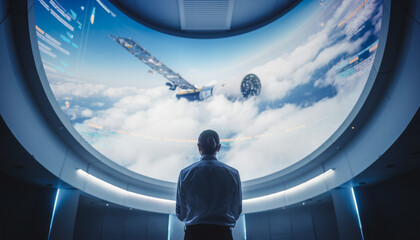 A person stands in a futuristic control room, looking at a large curved screen displaying a spacecraft above clouds in a blue sky.