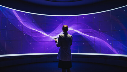 Woman in lab coat observing a large curved screen displaying abstract purple data visualizations in a high-tech control room.