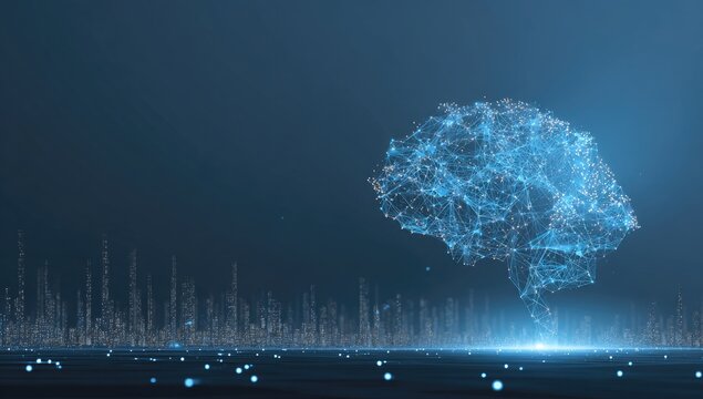 A digital brain rendered in glowing blue, representing artificial intelligence