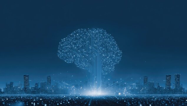 A digital brain composed of nodes rises above a cityscape, emitting glowing light