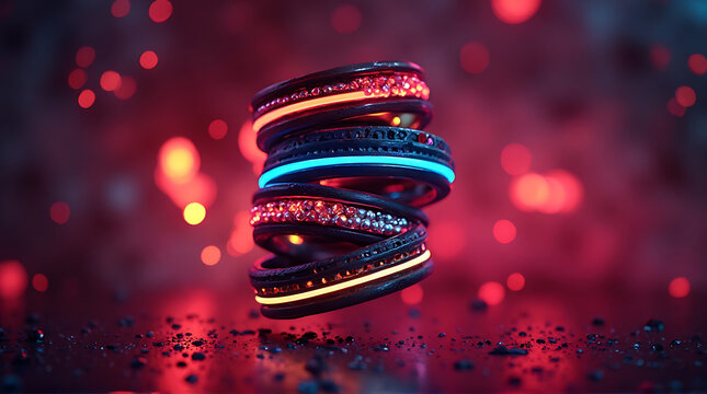 Stack of futuristic rings with glowing neon lights in orange, blue, and white against a blurred red and black bokeh background. - Powered by Adobe