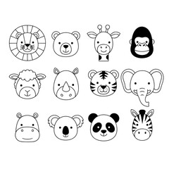 Naklejka premium Collection of cartoon animal faces including lion, bear, giraffe, monkey, sheep, rhino, tiger, elephant, koala, panda, and zebra