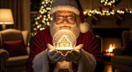 Santa Claus Holding Snow Globe with Christmas Scene for Holiday Cards, Seasonal Decorations, Festive Blogs, and Joyful Celebrations