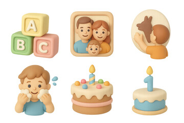 Colorful kids icon set featuring family, abc blocks, birthday cake, and playful activities for creative design