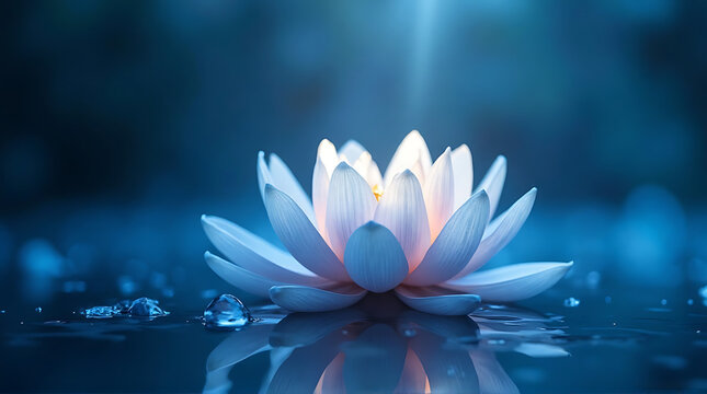 A luminous white lotus flower rests on a dark, reflective water surface, illuminated by a soft, ethereal blue light.
