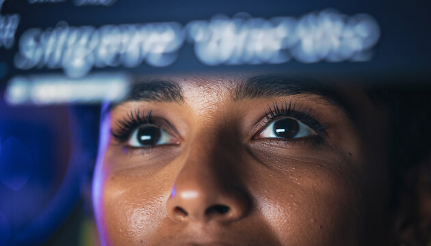 Close-up of a focused person's eyes looking at blurred code or data reflected on a screen, indicating deep concentration in a digital environment. - Powered by Adobe