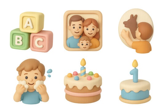 Colorful kids icon set featuring family, abc blocks, birthday cake, and playful activities for creative design
