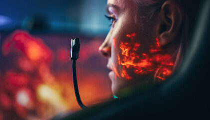 Close-up of a focused female gamer wearing a headset, illuminated by the vibrant red and orange glow of her computer screen.
