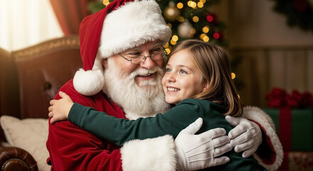 Santa Claus Embracing a Joyful Child in a Cozy Holiday Setting for Christmas Blogs, Family Websites, Greeting Cards, and Seasonal Marketing Content