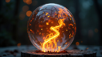 A glowing orb rests on a wooden stump, containing swirling, fiery energy within a clear glass sphere, set against a blurred forest background.