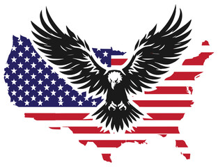 A stylized black eagle spreads its wings over a map of the United States filled with the American flag&rsquo;s stars and stripes. This bold, patriotic graphic conveys strength,