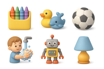 Colorful cartoon toy icons featuring duck, soccer ball, robot, crayons, and child washing hands for kids' design projects