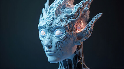 Close-up of an ethereal, pale blue humanoid figure with intricate, coral-like head adornments and glowing orbs within its structure.