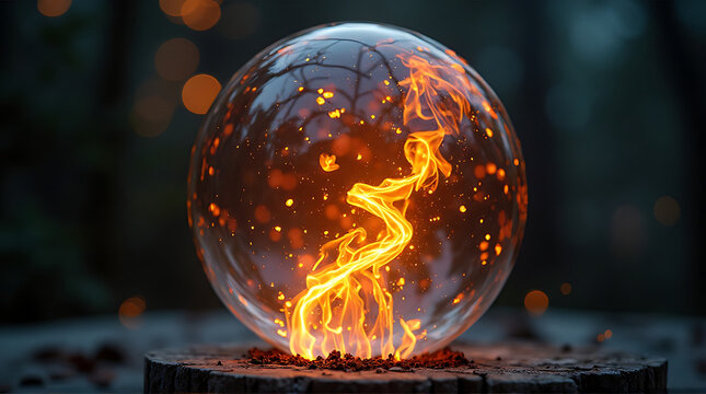 A glowing orb rests on a wooden stump, containing swirling, fiery energy within a clear glass sphere, set against a blurred forest background. - Powered by Adobe