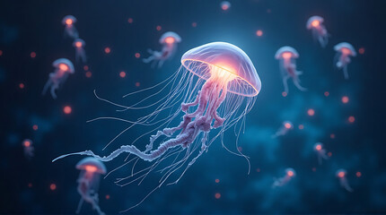 Obraz premium A group of jellyfish swim in the deep blue ocean, illuminated by their own bioluminescence, creating a serene and ethereal underwater scene.