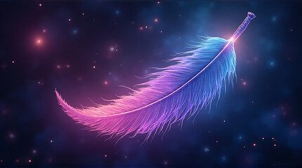 A single, glowing feather floats against a backdrop of a dark, starry cosmos with vibrant pink, blue, and purple hues.